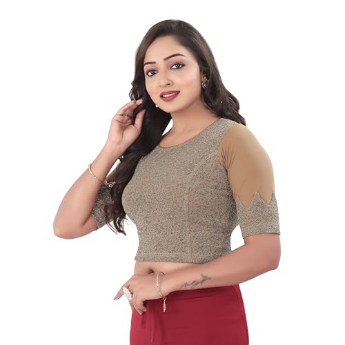 DESI GIRL - Round Neck Jacquard Regular Fit Saree Blouse for Women | Half Sleeve Readymade Stretchy Embroidered Design Festive Blouse Perfect for Saree, Lehenga, Kurti | Chiku - 44 - Image 2