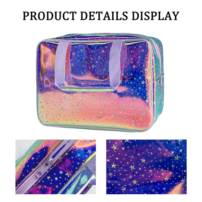 TotePrint Holographic Purple Star Large Cosmetic Bag and Travel Pouch with Handle,Durable Material,Zipper Design-Ideal for Makeup,Travel Essentials (Purple Handle) - Image 3