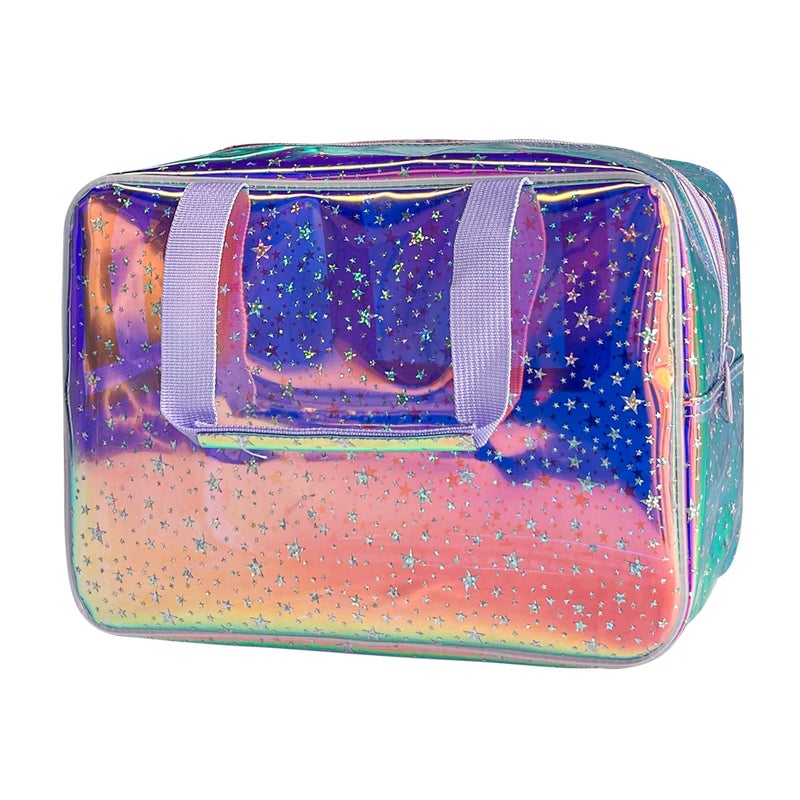 TotePrint Holographic Purple Star Large Cosmetic Bag and Travel Pouch with Handle,Durable Material,Zipper Design-Ideal for Makeup,Travel Essentials (Purple Handle) - Image 1