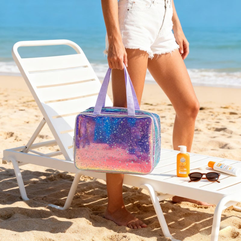TotePrint Holographic Purple Star Large Cosmetic Bag and Travel Pouch with Handle,Durable Material,Zipper Design-Ideal for Makeup,Travel Essentials (Purple Handle) - Image 4