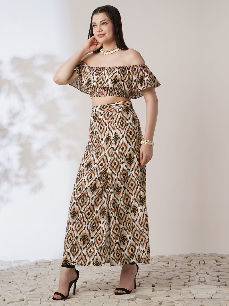 globus Globus Women Brown Ikat Print Off Shoulder Ruffle Fitted Crop Top With Side Slit Maxi Skirt Co-ord Set  - Image 2