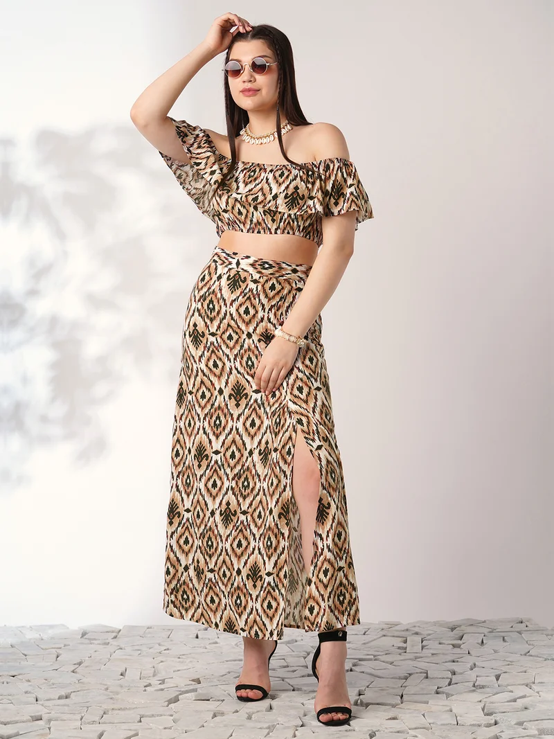globus Women Brown Ikat Print Off Shoulder Ruffle Fitted Crop Top With Side Slit Maxi Skirt Co-ord Set