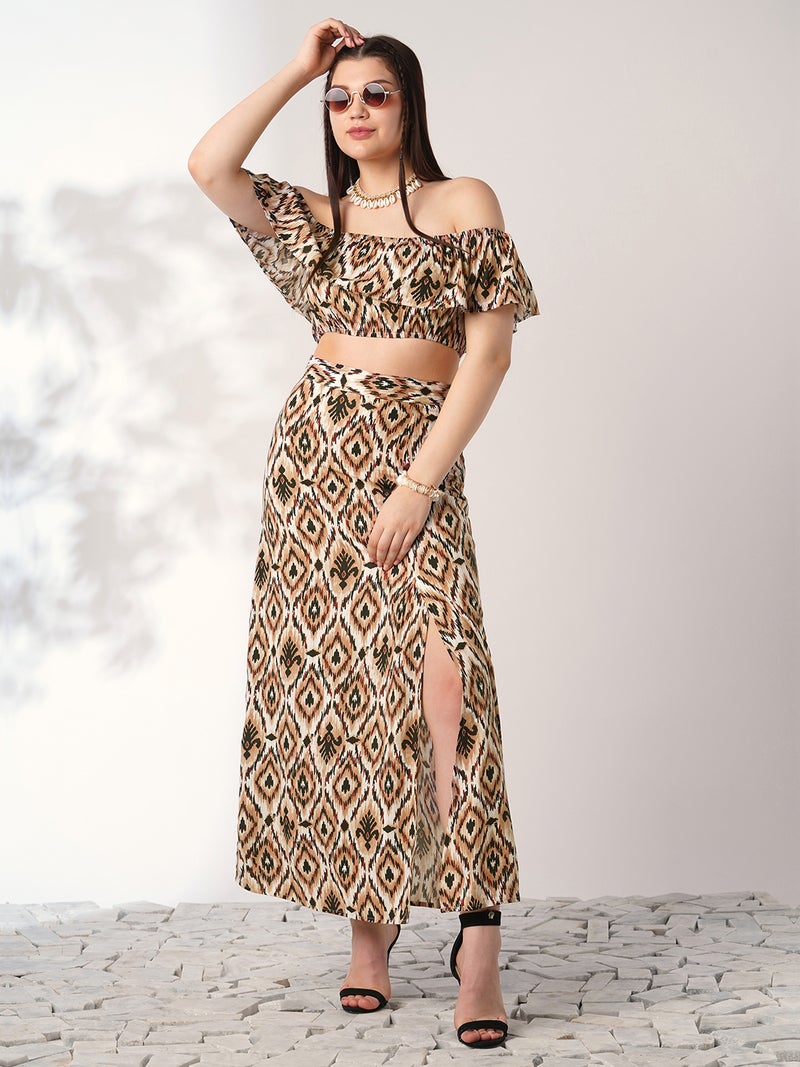 globus Globus Women Brown Ikat Print Off Shoulder Ruffle Fitted Crop Top With Side Slit Maxi Skirt Co-ord Set  - Image 1