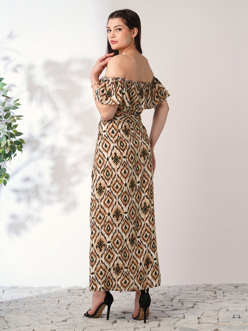 globus Globus Women Brown Ikat Print Off Shoulder Ruffle Fitted Crop Top With Side Slit Maxi Skirt Co-ord Set  - Image 3