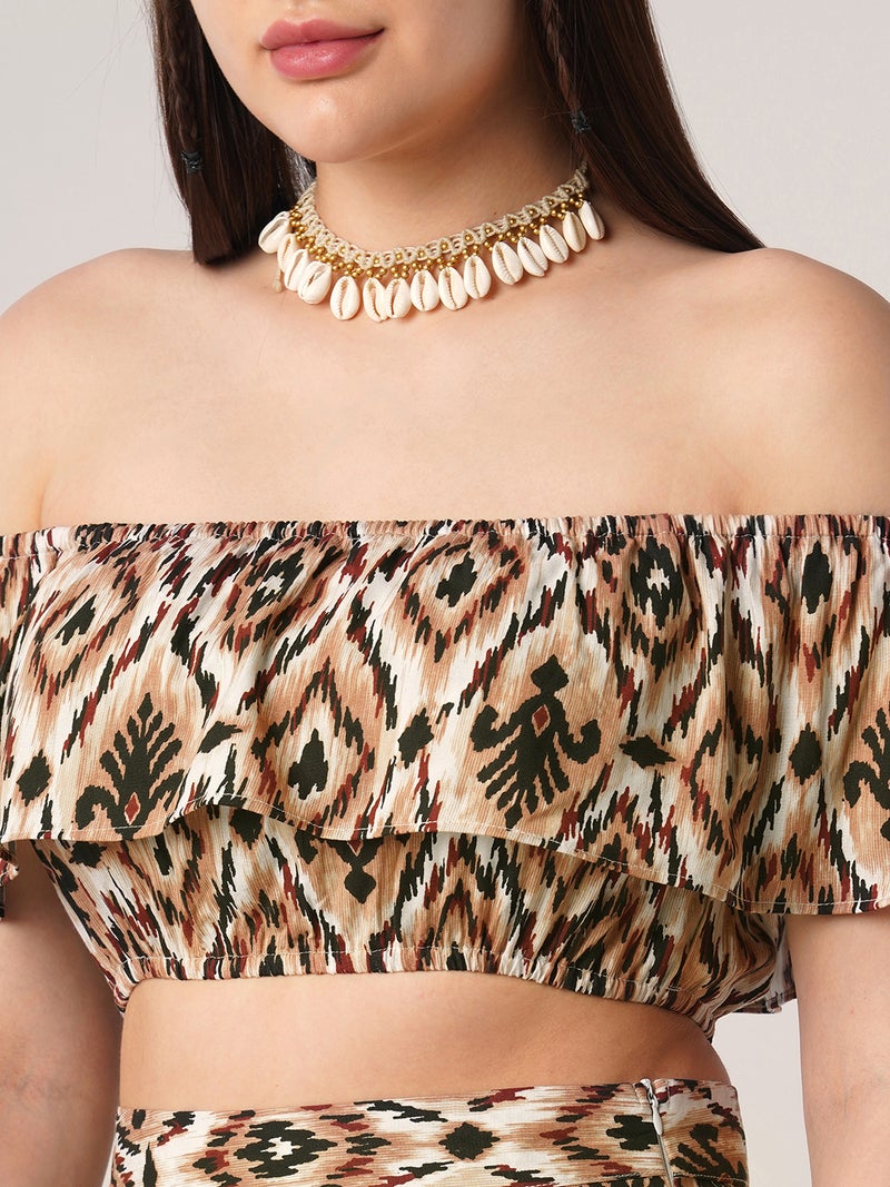 globus Globus Women Brown Ikat Print Off Shoulder Ruffle Fitted Crop Top With Side Slit Maxi Skirt Co-ord Set  - Image 4