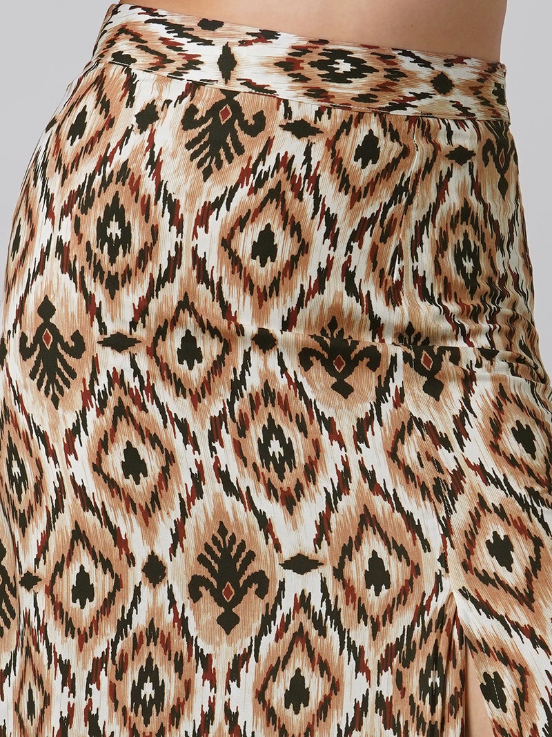globus Globus Women Brown Ikat Print Off Shoulder Ruffle Fitted Crop Top With Side Slit Maxi Skirt Co-ord Set  - Image 5