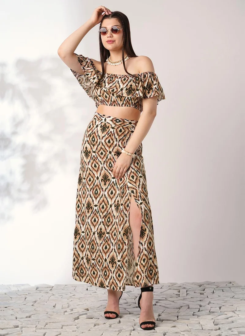 Globus Women Brown Ikat Print Off Shoulder Ruffle Fitted Crop Top With Side Slit Maxi Skirt Co-ord Set