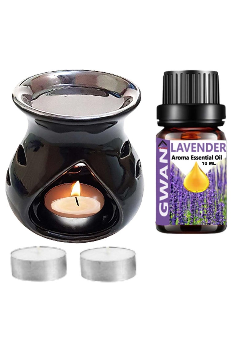GWAN Gwan Ceramic Oil Diffuser for Home Fragrance 1Aroma Oil Burner 2 Tea Light Candles Lavender Diffuser Oil 10ml Each Colour Black 