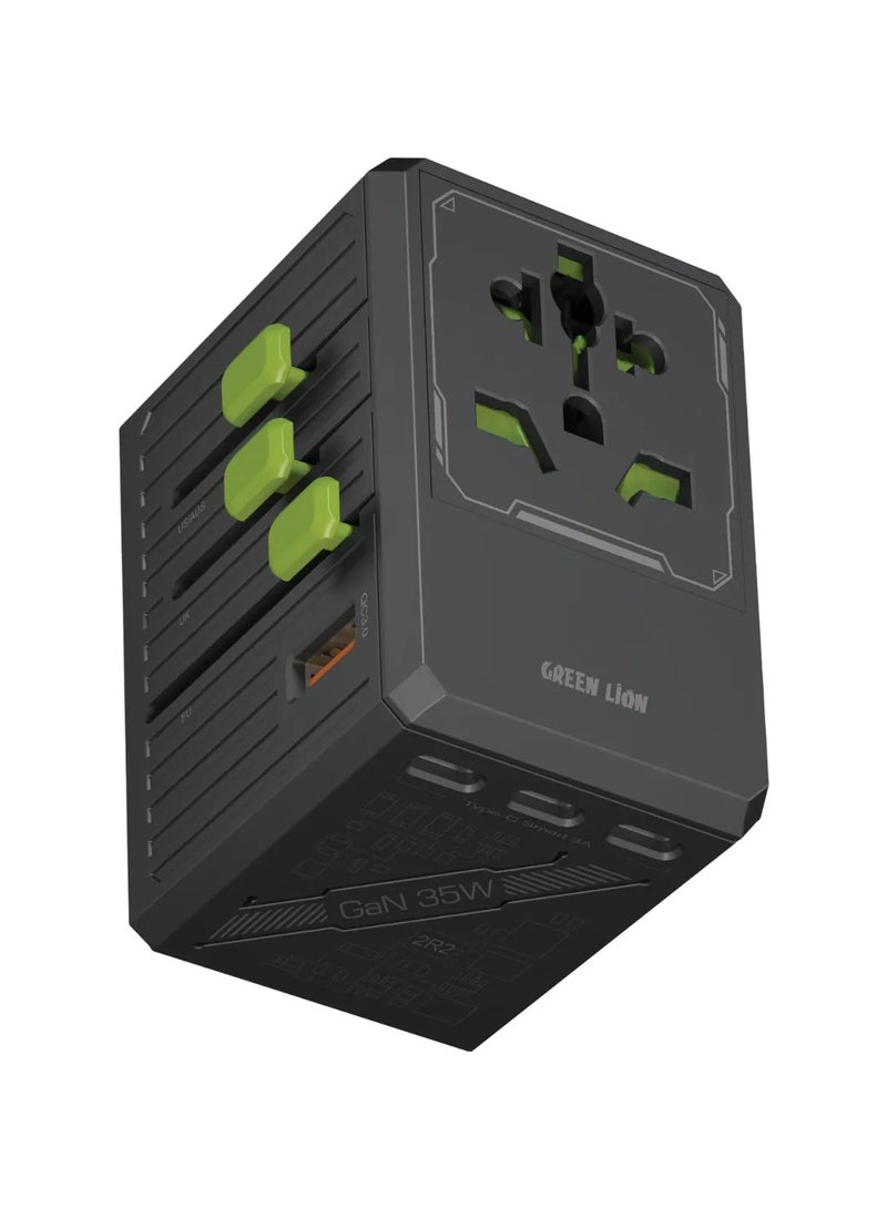 جرين ليون محول GaN 35 وات 6 في 1 و2 في 2 كابل / 4 منافذ USB-C / 1 USB-A / شحن سريع / مقابس تيار متردد عالمية / مع كابل USB متعدد المنافذ / 2500 وات بحد أقصى / للسفر / محول سفر آمن وموثوق - أسود - Image 1