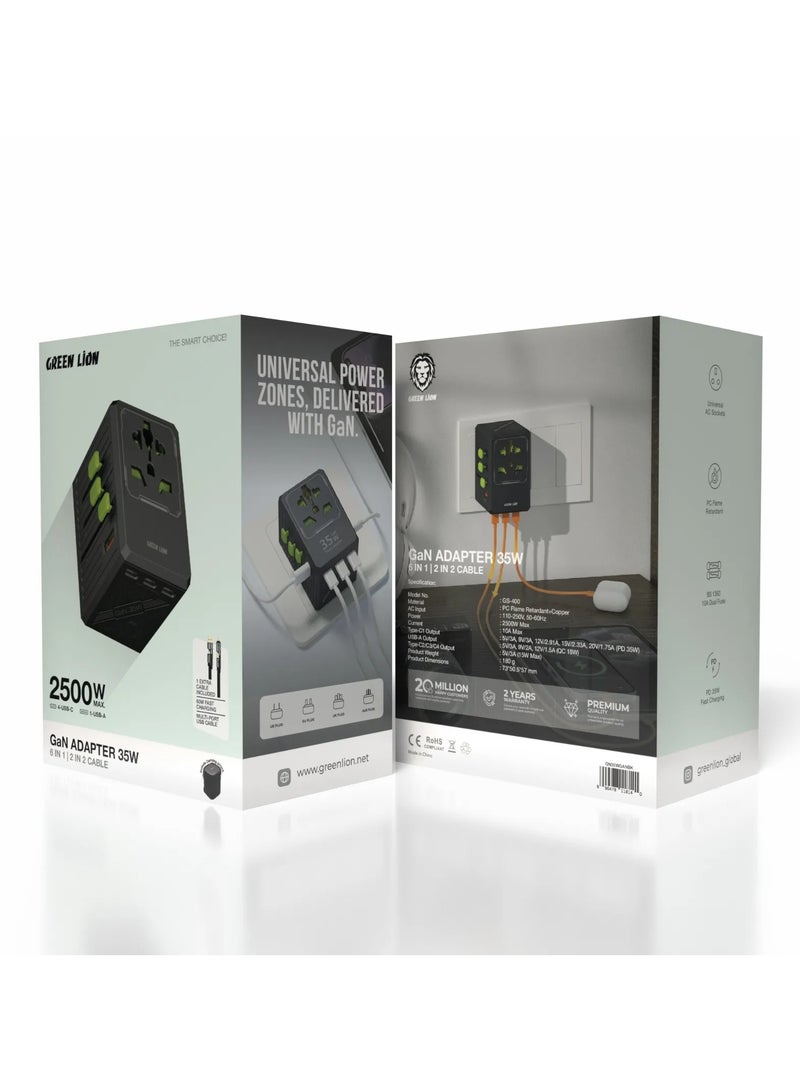 جرين ليون محول GaN 35 وات 6 في 1 و2 في 2 كابل / 4 منافذ USB-C / 1 USB-A / شحن سريع / مقابس تيار متردد عالمية / مع كابل USB متعدد المنافذ / 2500 وات بحد أقصى / للسفر / محول سفر آمن وموثوق - أسود - Image 4