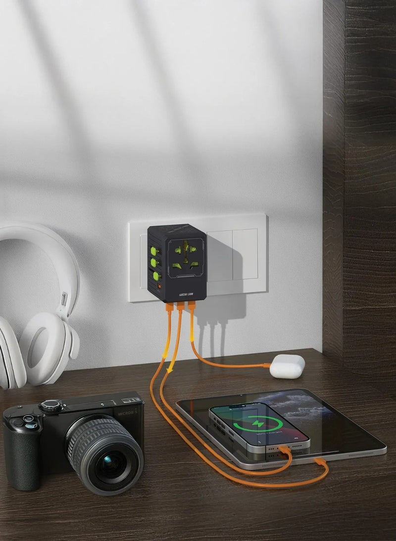 جرين ليون محول GaN 35 وات 6 في 1 و2 في 2 كابل / 4 منافذ USB-C / 1 USB-A / شحن سريع / مقابس تيار متردد عالمية / مع كابل USB متعدد المنافذ / 2500 وات بحد أقصى / للسفر / محول سفر آمن وموثوق - أسود - Image 2