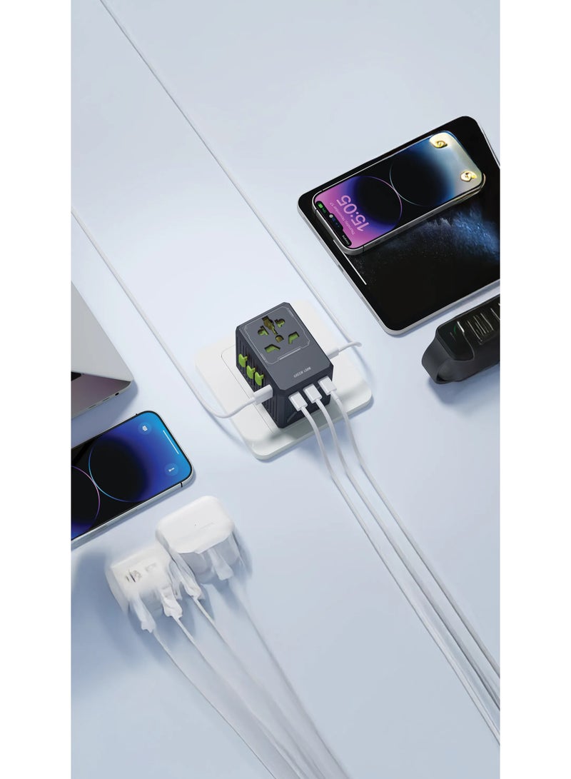 جرين ليون محول GaN 35 وات 6 في 1 و2 في 2 كابل / 4 منافذ USB-C / 1 USB-A / شحن سريع / مقابس تيار متردد عالمية / مع كابل USB متعدد المنافذ / 2500 وات بحد أقصى / للسفر / محول سفر آمن وموثوق - أسود - Image 3