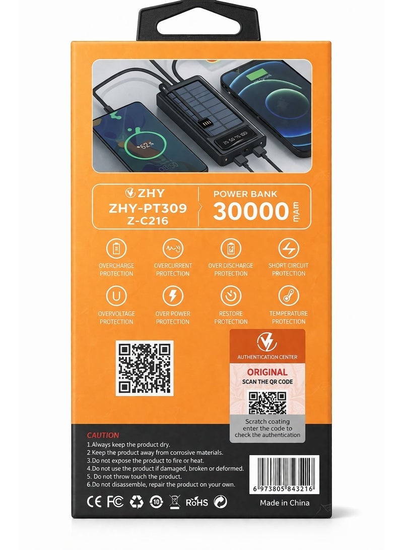 ZHY 30000mAh Solar Power Bank with Built-in Cables, Fast Charging, LED Display & Multi-Protection System (Model ZHY-PT309) - Image 3