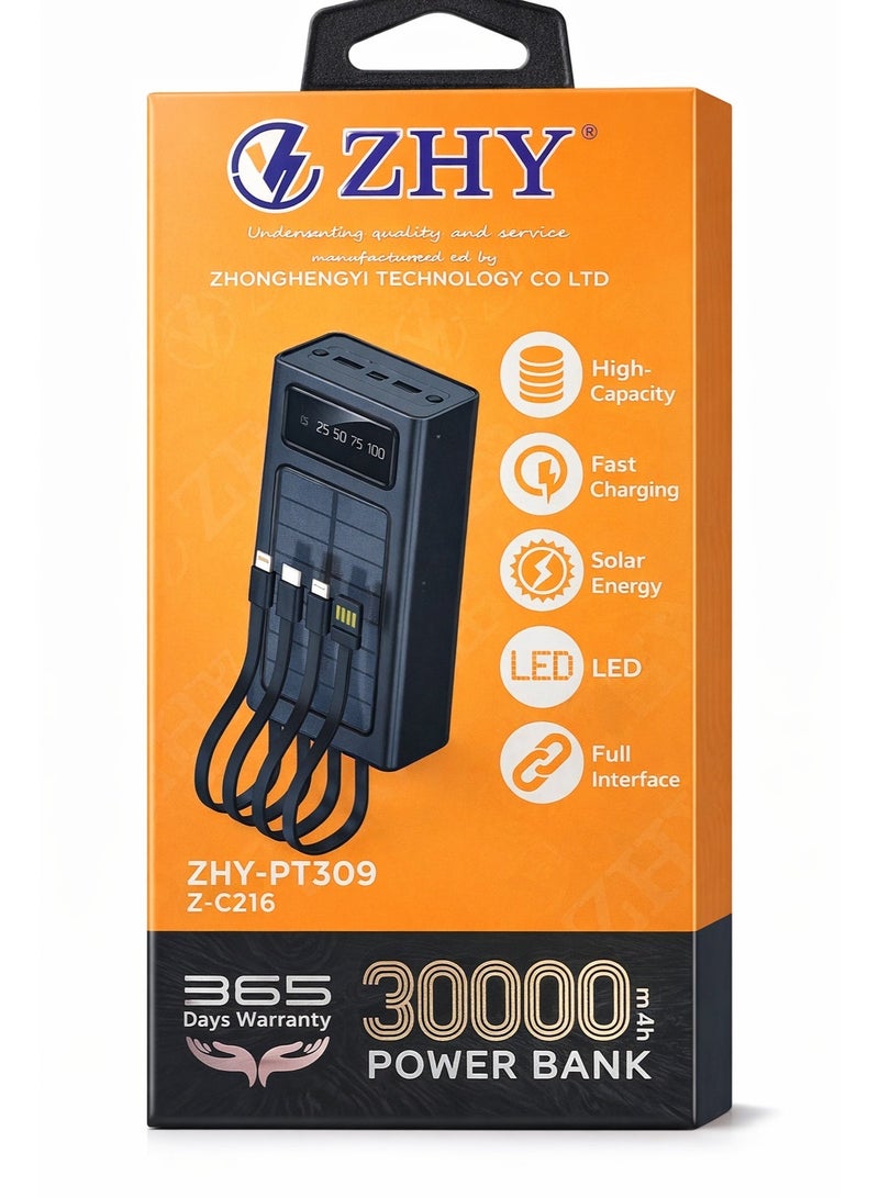 ZHY 30000mAh Solar Power Bank with Built-in Cables, Fast Charging, LED Display & Multi-Protection System (Model ZHY-PT309) - Image 2