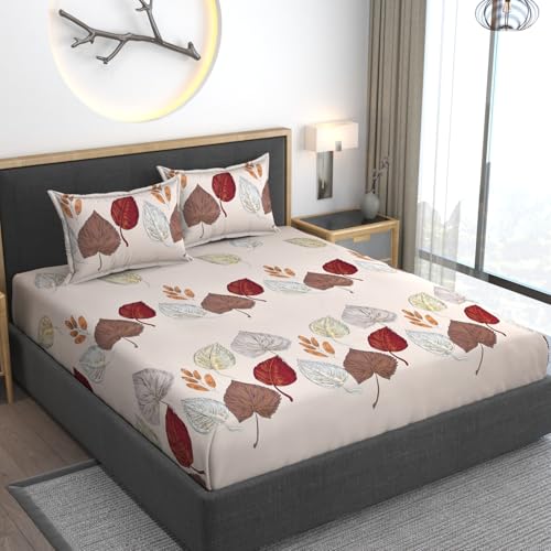 AMEYAA 350 Tc Cotton Feel Glace Cotton All Around Elastic Floral Fitted Bedsheets Queen Size|Premium Super Soft Fitted Bedsheet Queen Size For Double Bed|Fits Up To 8 To 10 Inches,78 X 60 Brown Patti - Image 1