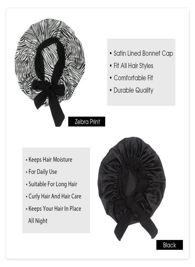 Hanbertti 2 Pack Silk Satin Hair Bonnet with Stretch Tie Band for Curly Hair Sleeping Adult Women Girls (Black + Zebra Print) - Image 4