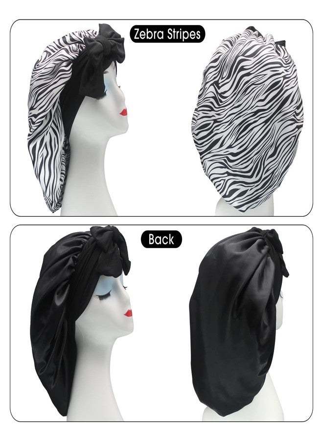 Hanbertti 2 Pack Silk Satin Hair Bonnet with Stretch Tie Band for Curly Hair Sleeping Adult Women Girls (Black + Zebra Print) - Image 2