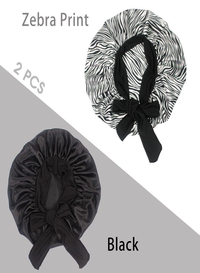 Hanbertti 2 Pack Silk Satin Hair Bonnet with Stretch Tie Band for Curly Hair Sleeping Adult Women Girls (Black + Zebra Print) - Image 3