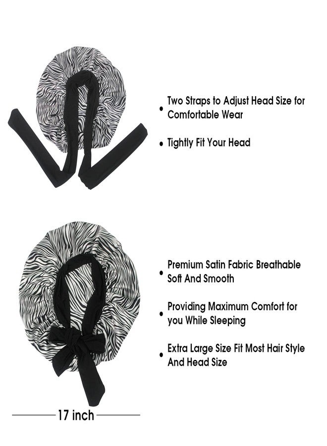 Hanbertti 2 Pack Silk Satin Hair Bonnet with Stretch Tie Band for Curly Hair Sleeping Adult Women Girls (Black + Zebra Print) - Image 5