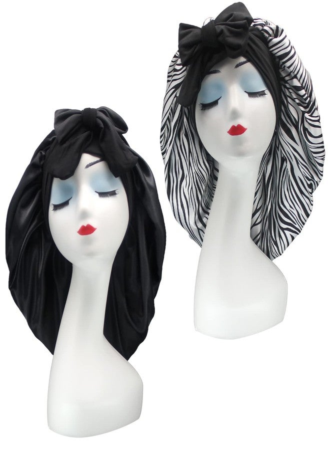 Hanbertti 2 Pack Silk Satin Hair Bonnet with Stretch Tie Band for Curly Hair Sleeping Adult Women Girls (Black + Zebra Print) - Image 1