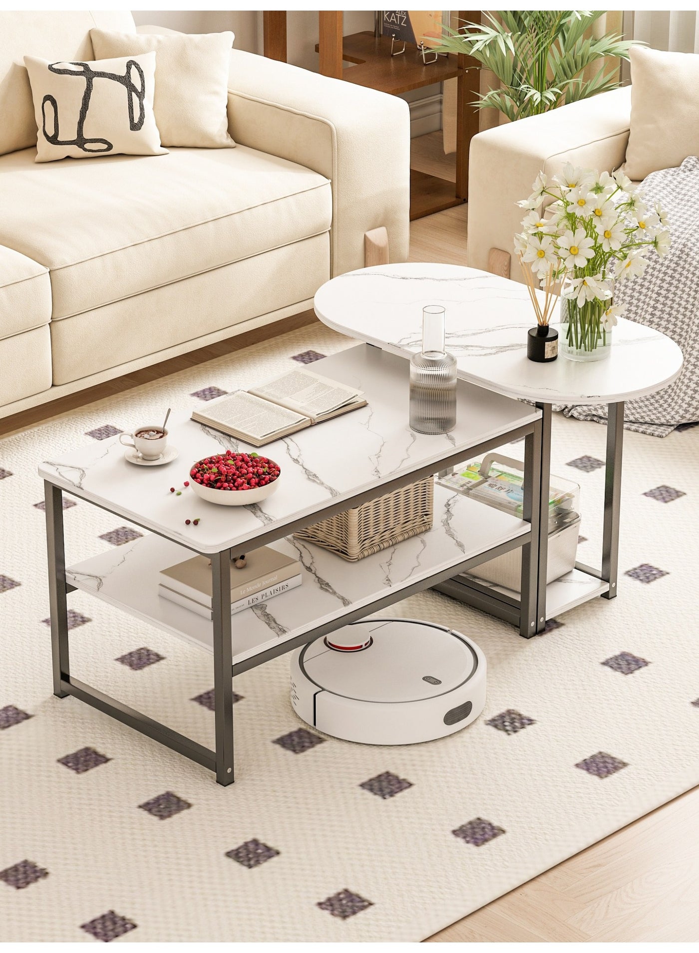 Coffee Table with Open Storage Shelf and 78cm Oval Table ,Modern Living Room Center Table for Living Room Home Office Reception Room