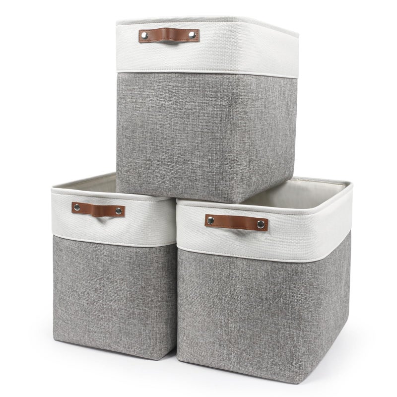 Bagnizer Large Fabric Storage Baskets | 50L Storage Bins, Decorative Linen Closet Baskets with Handles for Organizing, Shelf, Toys, Clothes, Home, Office, Nursery, 17x12x15Inches (Grey&White) - Image 1
