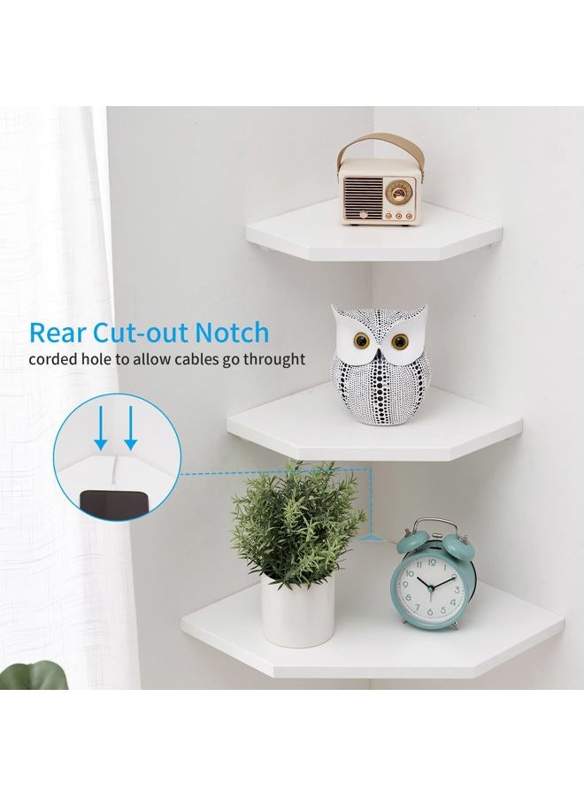 Conamily Corner Floating Shelves, White Corner Wall Shelf Set of 2, Solid Oak Wood Corner Shelves Wall Mount Shelf with Wire Hole Small Plant Display for Kitchen Living Room Bedroom - Image 2