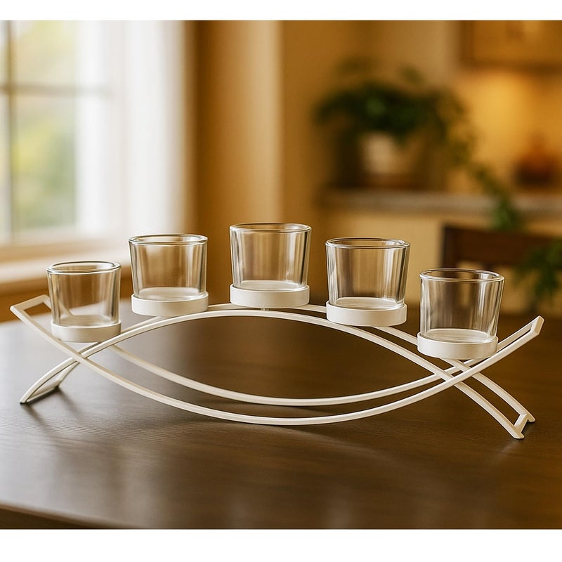 Seraphic Iron Arch Table Centerpiece Decorations Long Candle Holder for Weddings, Patio, Kitchen, Dining Room, and Coffee Tables, White, Clear Chunky 5 Cups - Image 1