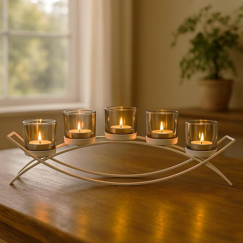 Seraphic Iron Arch Table Centerpiece Decorations Long Candle Holder for Weddings, Patio, Kitchen, Dining Room, and Coffee Tables, White, Clear Chunky 5 Cups - Image 2