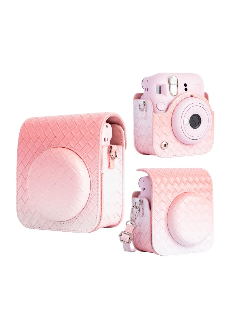 SOLARAE Gradient Weave PU Leather Case for Fujifilm/Polaroid Instax Mini 12 - Chic Protective Camera Cover with Shoulder Strap - Pink Color - Image 1