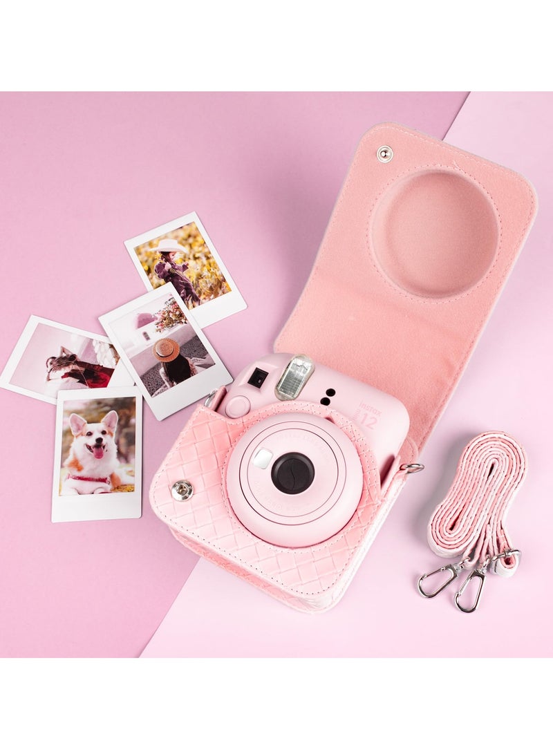 SOLARAE Gradient Weave PU Leather Case for Fujifilm/Polaroid Instax Mini 12 - Chic Protective Camera Cover with Shoulder Strap - Pink Color - Image 4