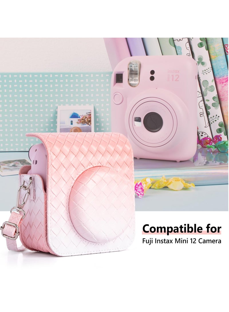 SOLARAE Gradient Weave PU Leather Case for Fujifilm/Polaroid Instax Mini 12 - Chic Protective Camera Cover with Shoulder Strap - Pink Color - Image 2