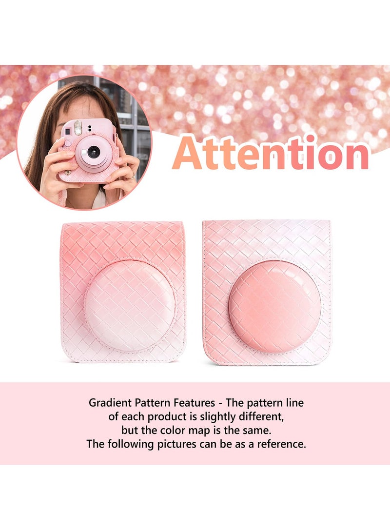SOLARAE Gradient Weave PU Leather Case for Fujifilm/Polaroid Instax Mini 12 - Chic Protective Camera Cover with Shoulder Strap - Pink Color - Image 5