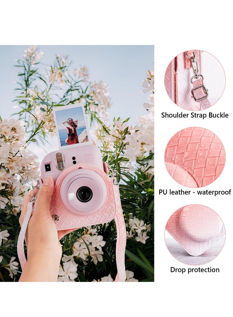 SOLARAE Gradient Weave PU Leather Case for Fujifilm/Polaroid Instax Mini 12 - Chic Protective Camera Cover with Shoulder Strap - Pink Color - Image 3