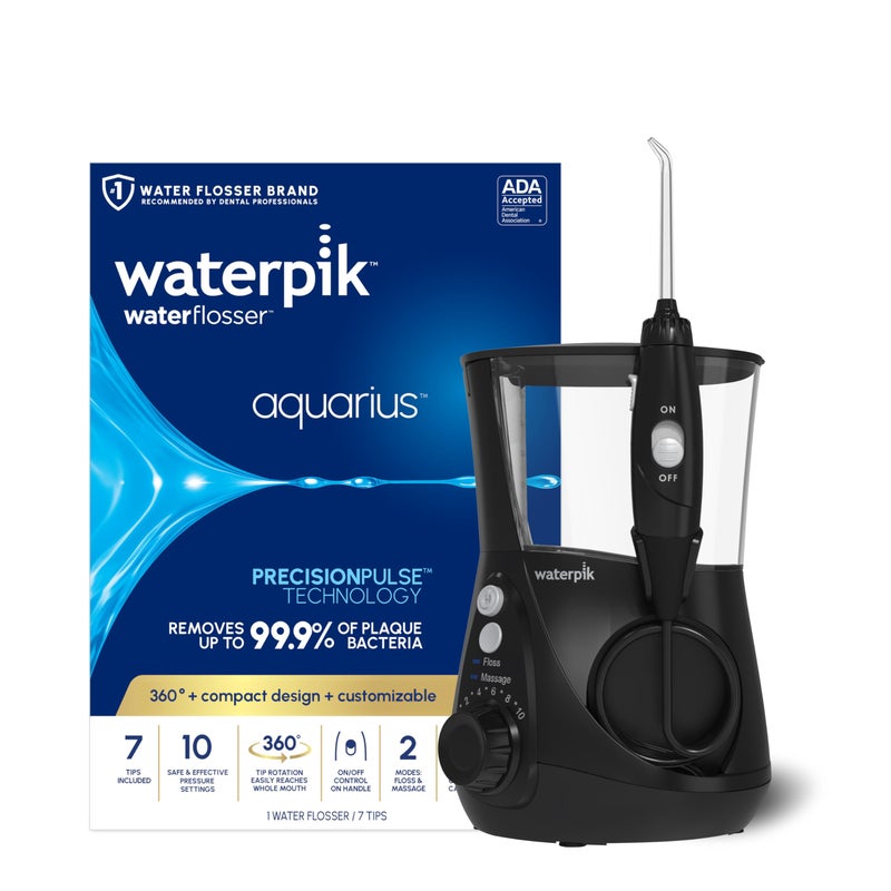 Waterpik Aquarius Water Flosser For Teeth Cleaning, Gums, Braces, Dental Care, Electric Power With 10 Settings, 7 Tips For Multiple Users And Needs, ADA Accepted, Black WP-662, Packaging May Vary - Image 1