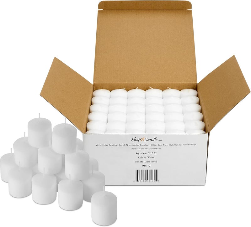 PARNOO Bulk Pack of 72 White Votive Candles - Box of 72 Unscented Bulk Candles - 15 Hour Burn Time - for Weddings, Restaurants, Parties, Spa and Decorations. - Image 1