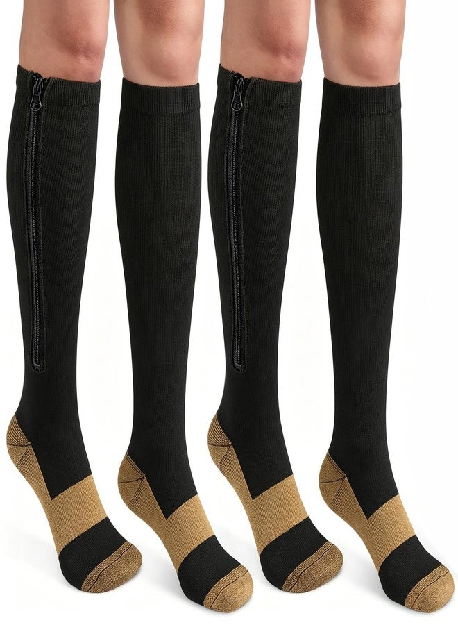 CASMON 2 Pairs Zipper Compression Socks for Women & Men,15-20 mmHg Closed Toe Knee High Support Sock for Varicose Vein Edema (Black Copper, Large-X-Large) - Image 1