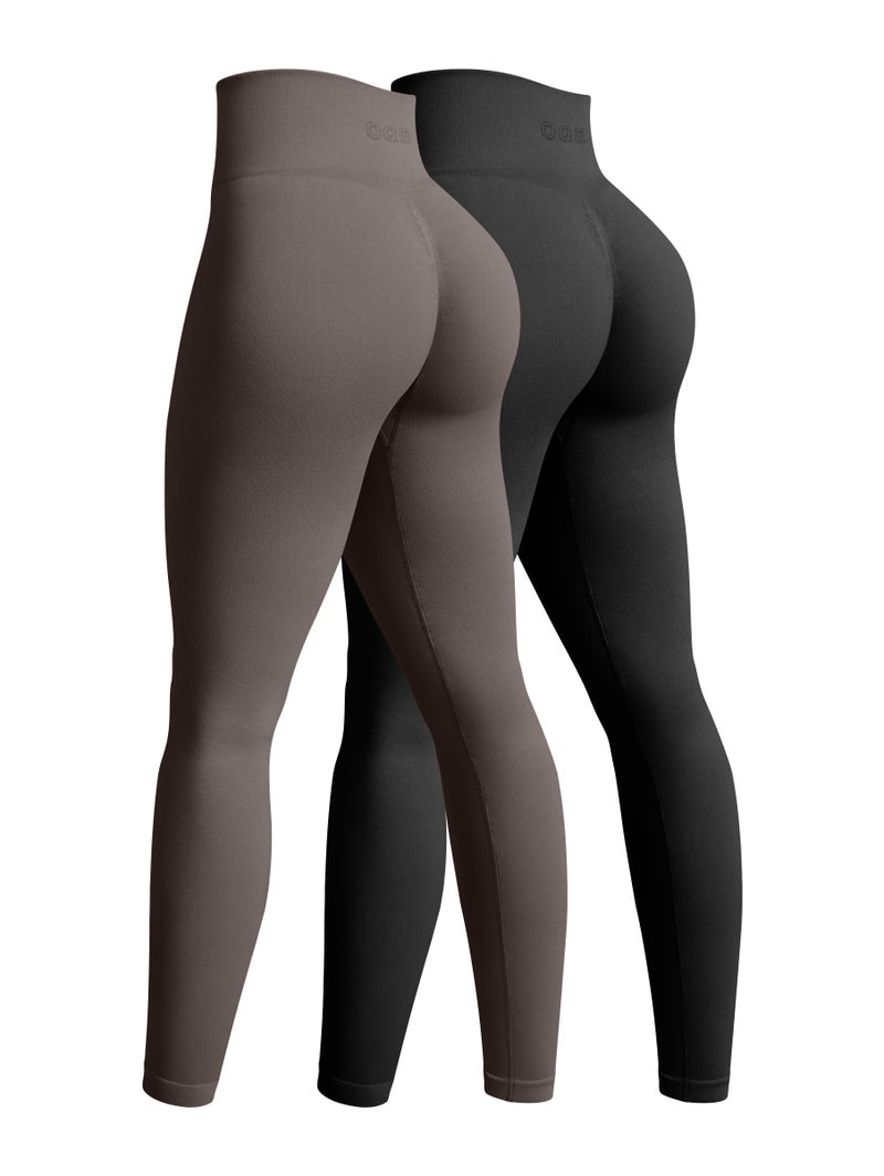 OQQ Women's 2 Piece Yoga Legging Seamless Workout High Waist Butt Liftings Athletic Leggings Black Tea Leaf - Image 1
