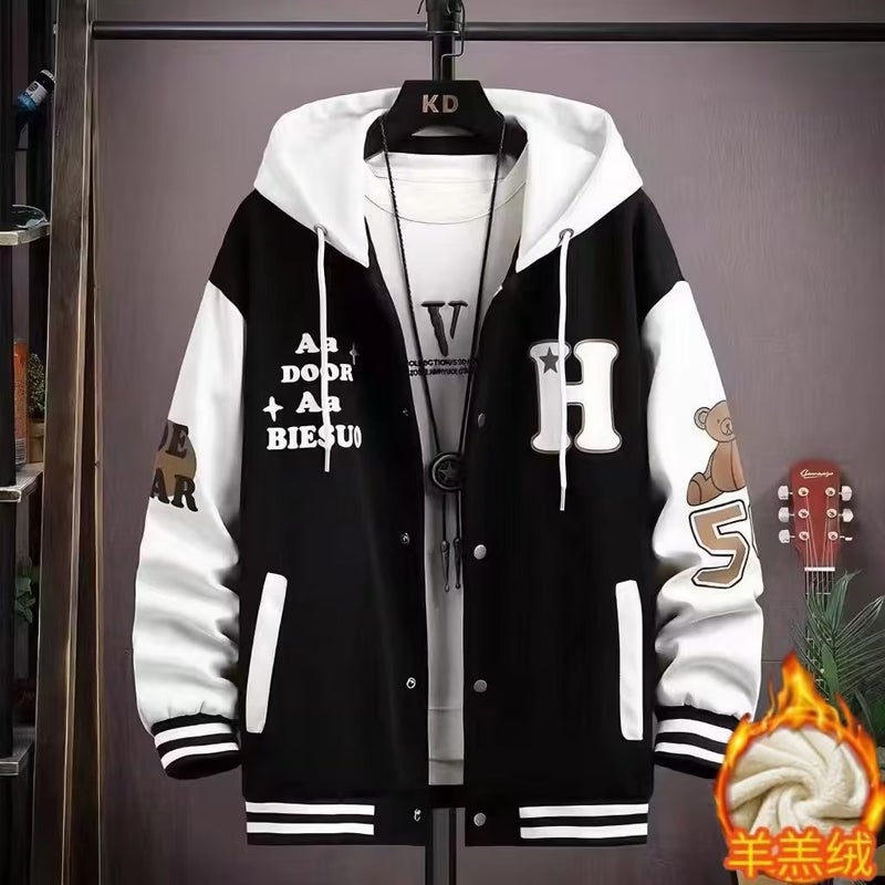 Teenagers Autumn and Winter Coat Boy Handsome Big Boy Mens Coat Junior High School Senior high school Student Baseball Coat Jacket Sherpa bear jacket black