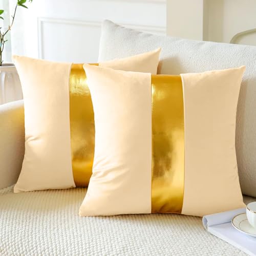 AEROHAVEN™ Set of 2 Premium Velvet with Gold Stripes Decorative Throw Pillow/Cushion Covers with Invisible Zipper - (16 x 16 Inch, Off White) - Image 1