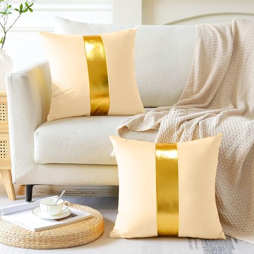 AEROHAVEN™ Set of 2 Premium Velvet with Gold Stripes Decorative Throw Pillow/Cushion Covers with Invisible Zipper - (16 x 16 Inch, Off White) - Image 2