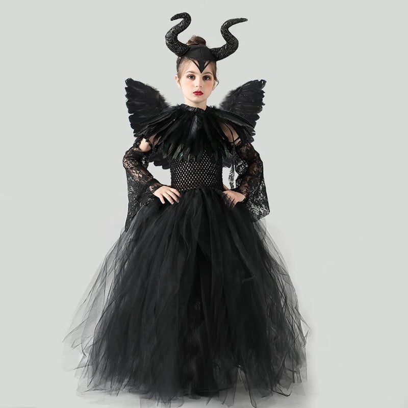 OBEEII Kid Girls Princess Maleficent Costume Fancy Evil Queen Dress Up Handmade Knitted Tulle Dress with Horn and Wings Witch Halloween Carnival Cosplay Party Outfit Black 5pcs 8-10 Ans - Image 2