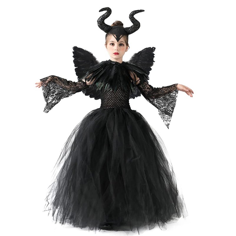 OBEEII Kid Girls Princess Maleficent Costume Fancy Evil Queen Dress Up Handmade Knitted Tulle Dress with Horn and Wings Witch Halloween Carnival Cosplay Party Outfit Black 5pcs 8-10 Ans - Image 1