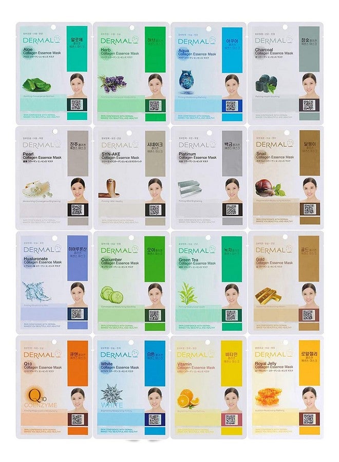 DERMAL Ermal 16 Combo Pack A Collagen Essence Korean Face Mask Hydrating & Soothing Facial Mask With Panthenol Hypoallergenic Self Care Sheet Mask For All Skin Types Natural Home Spa Treatment Masks - Image 2