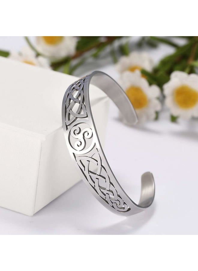 TEAMER Celtic Knot Bracelet Stainless Steel Silver Cuff Bangle Hollow Out Vintage Symbol Norse Amulet Jewelry for Women Men (Triskele) - Image 3