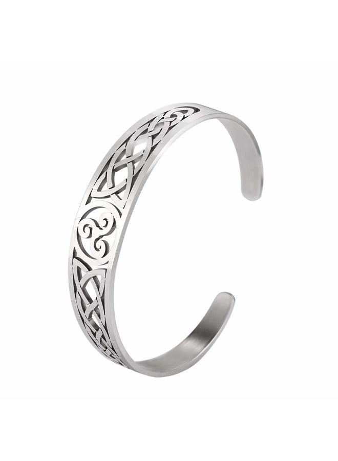 TEAMER Celtic Knot Bracelet Stainless Steel Silver Cuff Bangle Hollow Out Vintage Symbol Norse Amulet Jewelry for Women Men (Triskele) - Image 1