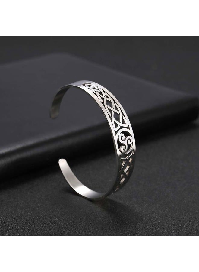 TEAMER Celtic Knot Bracelet Stainless Steel Silver Cuff Bangle Hollow Out Vintage Symbol Norse Amulet Jewelry for Women Men (Triskele) - Image 5