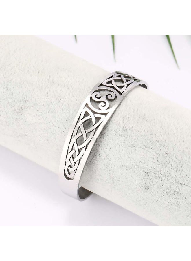 TEAMER Celtic Knot Bracelet Stainless Steel Silver Cuff Bangle Hollow Out Vintage Symbol Norse Amulet Jewelry for Women Men (Triskele) - Image 4