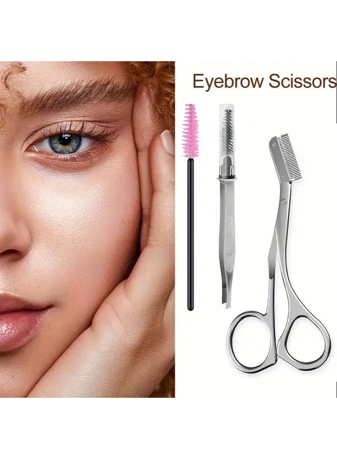 Silvery Stainless Steel Eyebrow Scissors With Comb Sharp Blades Ergonomic Design For Home And Salon Use - Image 1