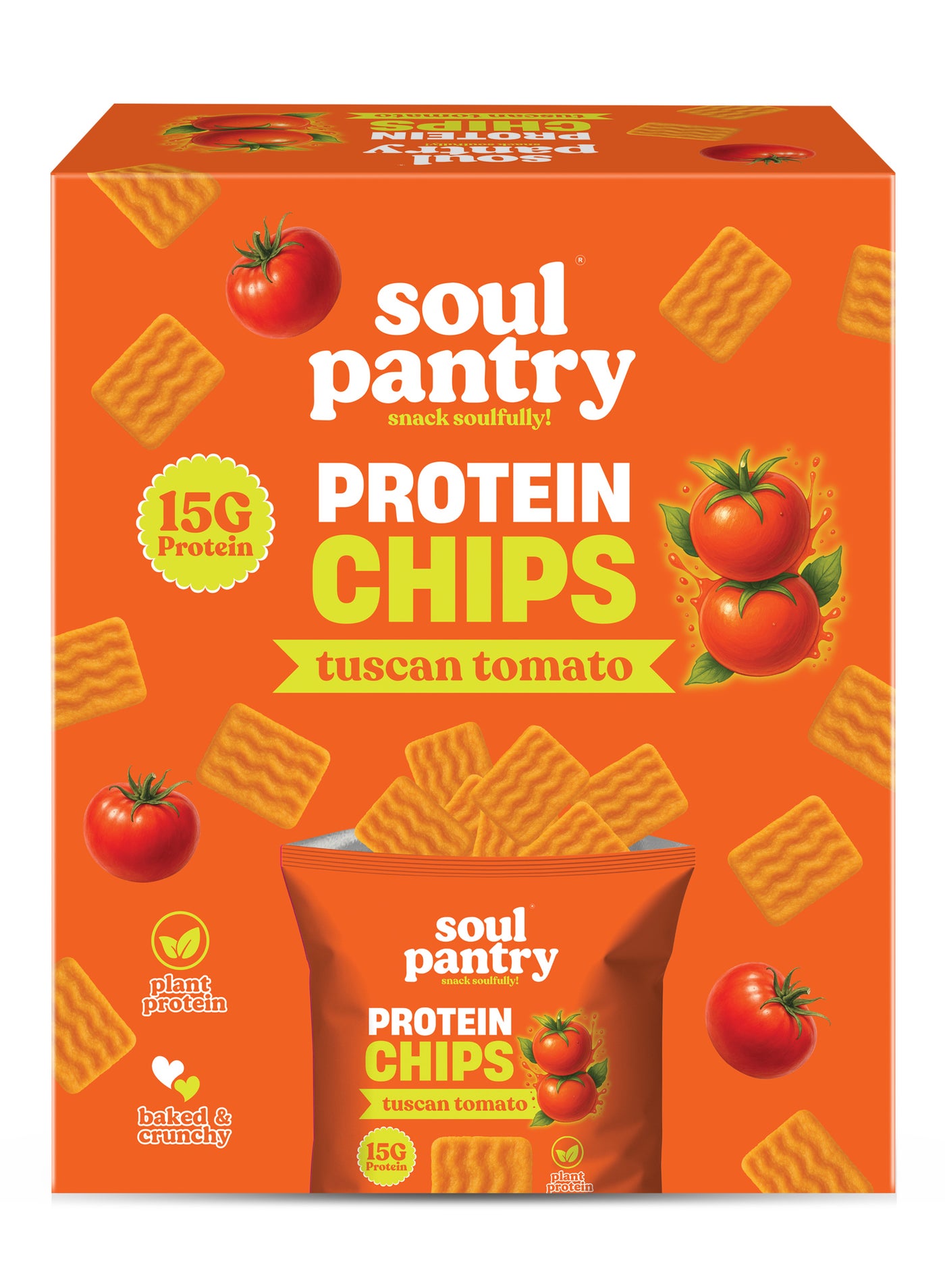 Soul Pantry Protein Chips – Tuscan Tomato Flavor - 10 Pack | High Protein, Gluten Free, Vegan, Healthy Snack | Plant-Based Baked Chips, Non-GMO |